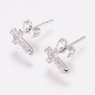 Brass Micro Pave Cubic Zirconia Stud Earrings, with Ear Nuts, Cross, Platinum, 8x5x2mm, pin: 1mm(EJEW-F125-05P)