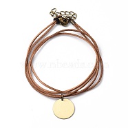 Personalized Dual-use Items, Cowhide Leather Two Loops Wrap Bracelets or Necklaces, with Antique Bronze Plated Brass Stamping Blank Tag Pendants and Lobster Claw Clasps, Flat Round, Coconut Brown, 16.34 inch(41.5cm)(BJEW-JB05424)
