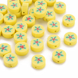 Handmade Polymer Clay Beads, Flat Round with Christmas Holly Leaves, Yellow, 10x4mm, Hole: 1.6mm(X-CLAY-N011-003)