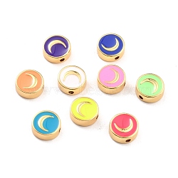 Brass Enamel Beads, Real 18K Gold Plated, Long-Lasting Plated, Cadmium Free & Lead Free, Flat Round with Moon Pattern, Mixed Color, 10x3.5mm, Hole: 1.6mm(KK-D068-01G-RS)