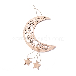 Moon & Flower Unfinished Wood Pendant Ornament, Ramadan Mubarak Eid Pendant, with Hemp Rope, for Home Wall Festive Decorations, Antique White, 39x41.5x2.5mm, Hole: 3mm(WOOD-M003-02)