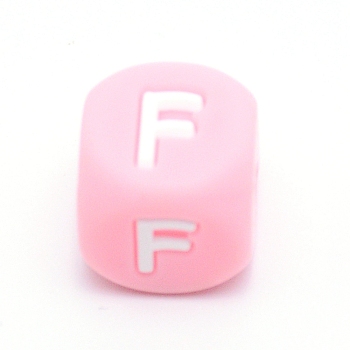 Silicone Alphabet Beads for Bracelet or Necklace Making, Letter Style, Pink Cube, Letter.F, 12x12x12mm, Hole: 3mm