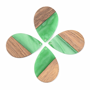 Opaque Resin & Walnut Wood Pendants, Teardrop, Green, 35.5x24.5x3mm, Hole: 2mm