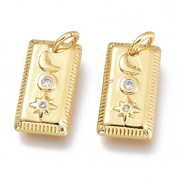 Brass Micro Pave Clear Cubic Zirconia Charms, with Jump Ring, Rectangle with Moon & Star, Golden, 12.5x6.5x2.5mm, Hole: 1.5mm Jump rings: 3.5x0.8mm