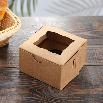 Square Kraft Paper Candy Boxes, with Window, for Wedding Gift Packaging Supplies, BurlyWood, 10x10x6.5cm