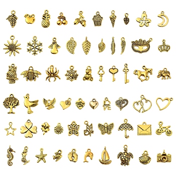 60Pcs 60 Styles Tibetan Style Alloy Charms, Mixed Shapes, Antique Golden, 8~22x4~19x1~7mm, 1pc/style