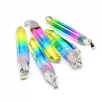 Natural Quartz Crystal Pointed Pendants, Big Pendants, with Iron Findings, Plated Platinum, Nuggets, Dyed, Colorful, 58~60x12~17x8~15mm, Hole: 6x3.5mm