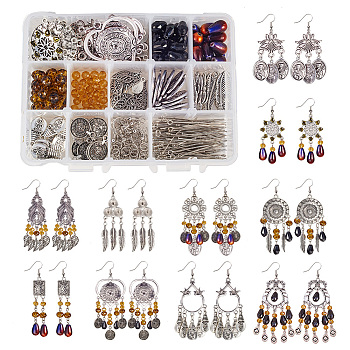DIY Earring Making, with Tibetan Style Alloy Chandelier Components, Connector Cabochon Settings, Handmade Glass Beads and Brass Earring Hooks, Mixed Color, 14x10.8x3cm