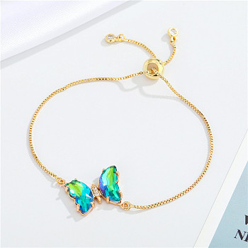 European Jewelry Simple and Elegant Crystal Butterfly Bracelet Adjustable Bracelet for Women, Cyan, 0.1cm