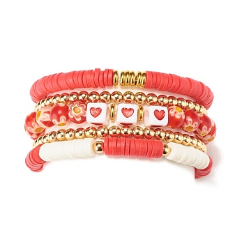 5Pcs 5 Style Polymer Clay Heishi Beaded Stretch Bracelets Set, Handmade Millefiori Lampwork Bracelets with Heart for Women, Red, Inner Diameter: 2-1/4 inch(5.7cm)