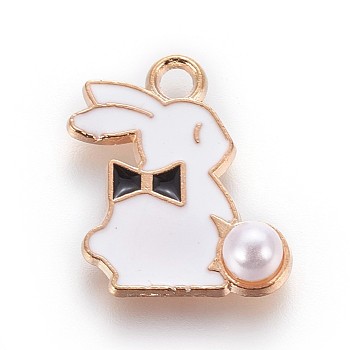Zinc Alloy Bunny Pendants, with Enamel and ABS Plastic Imitation Pearl, Rabbit, Light Gold, Black, 16.5x13.5x1mm, Hole: 1.5mm
