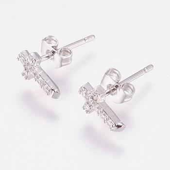 Brass Micro Pave Cubic Zirconia Stud Earrings, with Ear Nuts, Cross, Platinum, 8x5x2mm, pin: 1mm