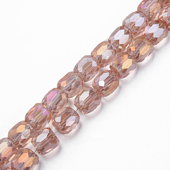 Electroplate Transparent Glass Beads Strands, Faceted, Column, Pink, 8x8mm, Hole: 1.2mm, about 79~80pcs/strand, 25.59 inch~27.17 inch(65~69cm)