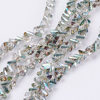 Electroplate Glass Beads Strands, Half Plated, Faceted, Triangle, Green Plated, 4.5x5x6mm, Hole: 1mm, about 100pcs/strand, 13.7 inch(35cm)