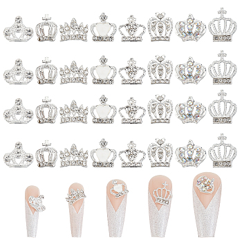 32Pcs 8 Style Crown Alloy Rhinestone Nail Art Cabochons, Nail Art Charms for Women DIY Manicures Decoration Accessories, Silver, 7~11x8.5~12x2~4mm, 4pcs/style