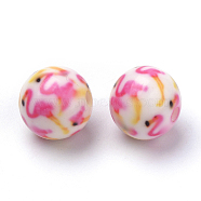 Opaque Printed Acrylic Beads, Round with Flamingo Shape Pattern, Pearl Pink, 11.5~12x11mm, Hole: 2.5mm(MACR-S271-12mm-26)