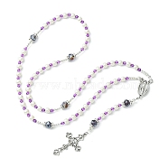 Glass Pearl Rosary Bead Necklace, Alloy Cross & Virgin Mary Pendant Necklace, Purple, 24.41 inch(62cm)(NJEW-TA00082-03)