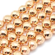 Electroplate Non-magnetic Synthetic Hematite Beads Strands, Grade AAA, Long-Lasting Plated, Faceted, Round, Light Gold Plated, 8mm, Hole: 1mm, about 53pcs/strand, 15.7 inch(40cm)(G-L485-03E-LG)