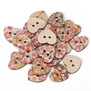 2-Hole Printed Wooden Buttons, for Sewing Crafting, Heart, Dyed, Mixed Color, 19~19.5x21~21.5x2mm, Hole: 2.5mm, about 25pcs/bag(WOOD-TAC0003-50)