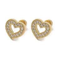304 Stainless Steel with Rhinestone Stud Earrings for Women, Heart, Real 14K Gold Plated, 10x9mm(EJEW-G364-04G)
