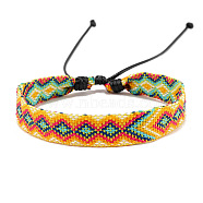 Cotton Braided Rhombus Cord Bracelet, Ethnic Tribal Adjustable Bracelet for Women, Gold, Inner Diameter: 7-1/8~9-7/8 inch(18~25cm)(PW-WG48792-02)