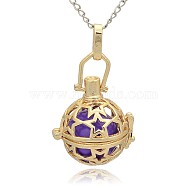 Golden Tone Brass Hollow Round Cage Pendants, with No Hole Spray Painted Brass Round Beads, Blue Violet, 35x25x21mm, Hole: 3x8mm(KK-J226-04G)