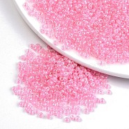 6/0 Glass Seed Beads, Inside Colours, Round Hole, Round, Transparent Colours Rainbow, Pink, 6/0, 4~5x2.5~4.5mm, Hole: 1.2mm, about 1000pcs/100g(X1-SEED-A016-4mm-210)