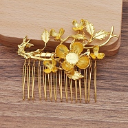 Iron Hair Comb Cabochon Settings, with Alloy Flower, Golden, 62x77x10mm(OHAR-PW0001-422G)