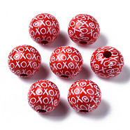 Painted Natural Wood European Beads, Large Hole Beads, Printed, Round, Red, 16x15mm, Hole: 4mm(WOOD-S057-061)