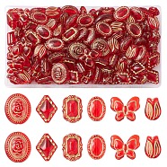 110Pcs 6 Styles Transparent Acrylic Beads, Golden Metal Enlaced, Rhombus & Oval & Flower & Butterfly, Red, 16~22x11.5~20x5~9mm, Hole: 1.5~2mm(OACR-FS0001-38)