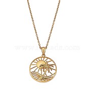 Sun and Coconut Tree Pendant Necklace, Brass Jewelry for Women, Golden, 17.72 inch(45cm)(JN1039A)