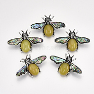 Natural Topaz Jade Brooches/Pendants, with Rhinestone and Alloy Findings, Abalone Shell/Paua Shelland Resin Bottom, Bee, Antique Silver, 36x56.5x14mm, Hole: 7x4mm, Pin: 0.7mm(X-G-S353-08L)
