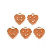 Alloy Enamel Charms, Cadmium Free & Lead Free, Light Gold, Heart with Smile, Chocolate, 13x12x1.5mm, Hole: 1.6mm(ENAM-T016-12F-RS)