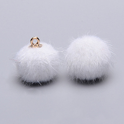 Handmade Faux Mink Fur Covered Pendants, with Alloy Findings, Round, Golden, White, 16~17x13.5~14mm, Hole: 1.5mm(WOVE-S108-03M)