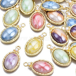 Rack Plating Alloy Pendants, with Porcelain and ABS Plastic Imitation Pearl, Long-Lasting Plated, Golden, Cadmium Free & Lead Free, Oval, Mixed Color, 23.5x13x5.5mm, Hole: 2mm(PALLOY-Q444-002-RS)
