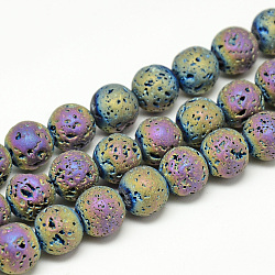 Electroplate Natural Lava Rock Beads Strands, Matte Style, Round, Multi-color Plated, 6~7mm, Hole: 1mm, about 60pcs/strand, 14.7~15.1 inch(G-T058-03E-6MM)