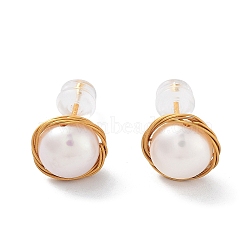 Wire Wrapped Round Natural Pearl Stud Earrings for Women, with Sterling Silver Pins, Real 18K Gold Plated, 9.5~10.5mm(EJEW-E303-18G)