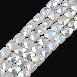 Electroplate Opaque Solid Color Glass Beads Strands, AB Color Plated, Faceted, Square, Creamy White, 6.5x6.5x4.5mm, Hole: 1.2mm, about 97~99Pcs/strand, 25 inch(63.5cm)(EGLA-N002-43-01)