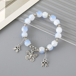 Chinese Style Round Glass Beaded Stretch Bracelets, Bowknot & Butterfly Charm Bracelets for Women, Antique Silver, Blue(HP8595-2)