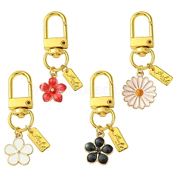 Alloy Enamel Flower Pendant Decorations, with Alloy Swivel Snap Hook Clasps, Golden, 49~55mm, 4pcs/set(HJEW-YW00003)