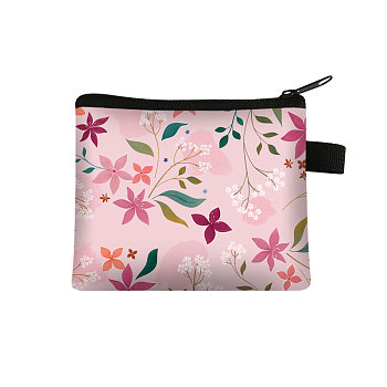 Flower Pattern Cartoon Style Polyester Clutch Bags, Change Purse with Zipper & Key Ring, for Women, Rectangle, Pink, 13.5x11cm
