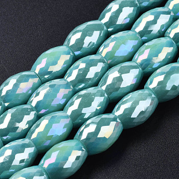 Electroplate Glass Beads Strands, AB Color Plated, Faceted, Oval, Light Sea Green, 11x8mm, Hole: 1.2mm, about 60pcs/strand, 26.38 inch(67cm)