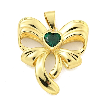 Real 18K Gold Plated Brass Pendant, with Glass, Bowknot, Sea Green, 35.5x33x6mm, Hole: 7.5x4.5mm