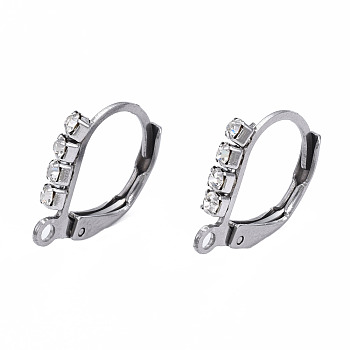 304 Stainless Steel Leverback Earring Findings, with Clear Cubic Zirconia and Horizontal Loop, Stainless Steel Color, 14x12mm, Hole: 1.5mm, Pin: 0.7mm