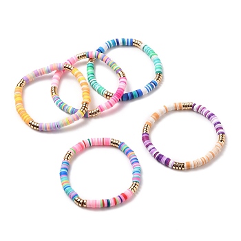 Polymer Clay Heishi Beads Stretch Bracelets, with Electroplate Non-magnetic Synthetic Hematite Beads, Mixed Color, Inner Diameter: 2-3/8 inch(6cm)