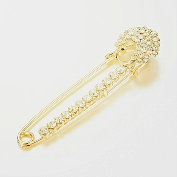 Alloy Glass Rhinestones Brooches, Peacock, Golden, 80x21mm, Pin: 1.5mm