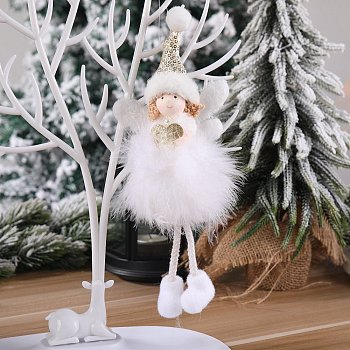 Cloth Pendant Decorations, for Christmas Decorations, Angel with Feather Dress, White, 220x90mm
