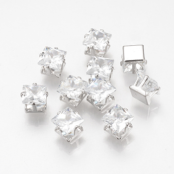 Cubic Zirconia Cabochons, with Iron Findings, Square, Platinum, 6x6x5mm, Bottom: 4.5x4.5mm