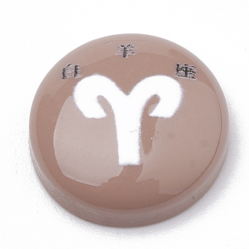 Constellation/Zodiac Sign Resin Cabochons, Half Round/Dome, Craved with Chinese character, Aries, Rosy Brown, 15x4.5mm