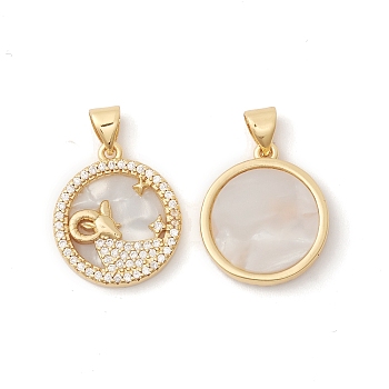 Rack Plating Brass Shell Pendants, with Cubic Zirconia & Natural Shell, Flat Round with Constellation Charms, Cadmium Free & Lead Free, Long-Lasting Plated, Real 18K Gold Plated, Aries, 19x16x3mm, Hole: 4x3.5mm